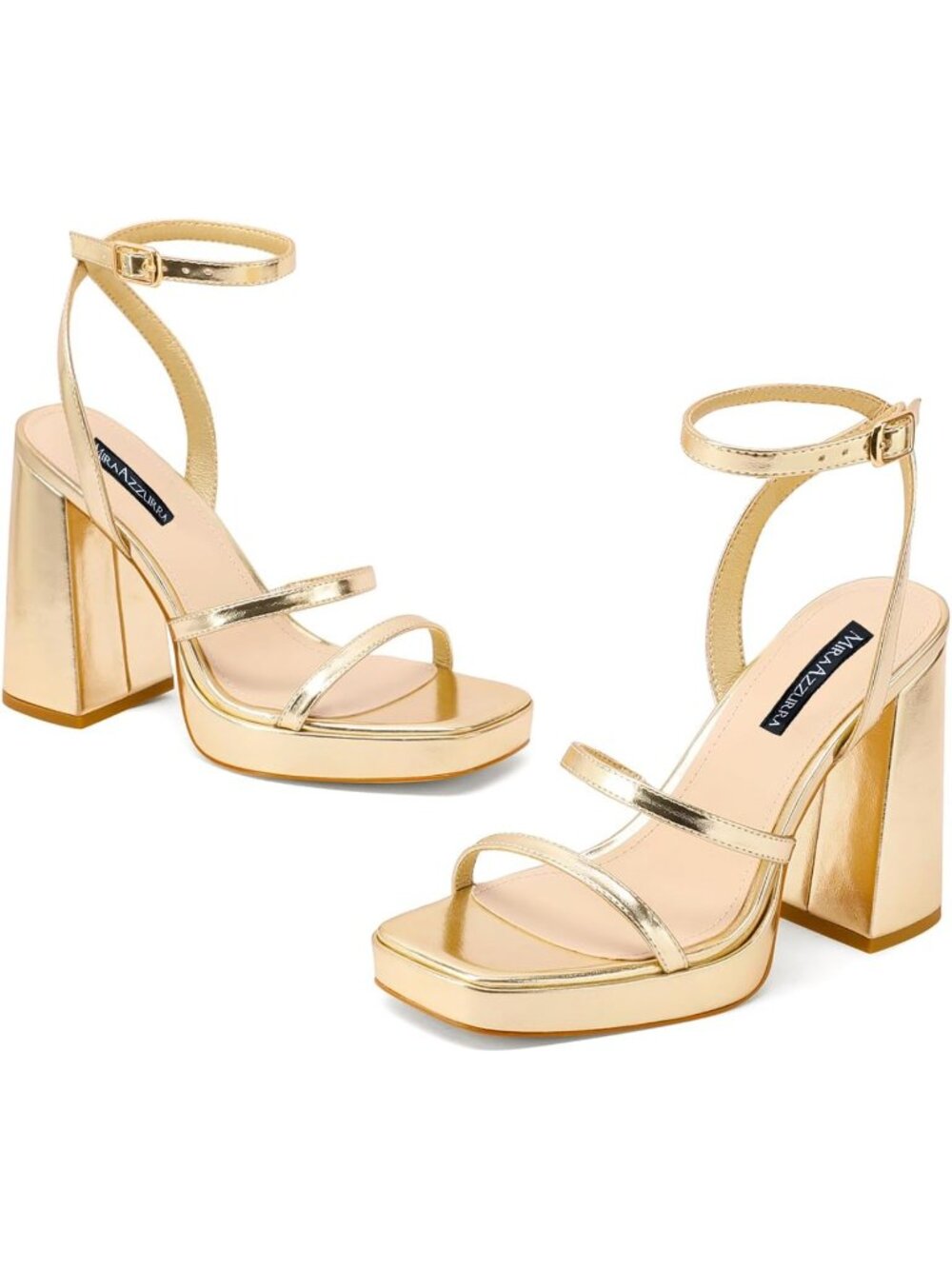 Women's Gold Faux Leather Chunky Block Heel Square Open Toe Two Strap Heels - Picture 4 of 6